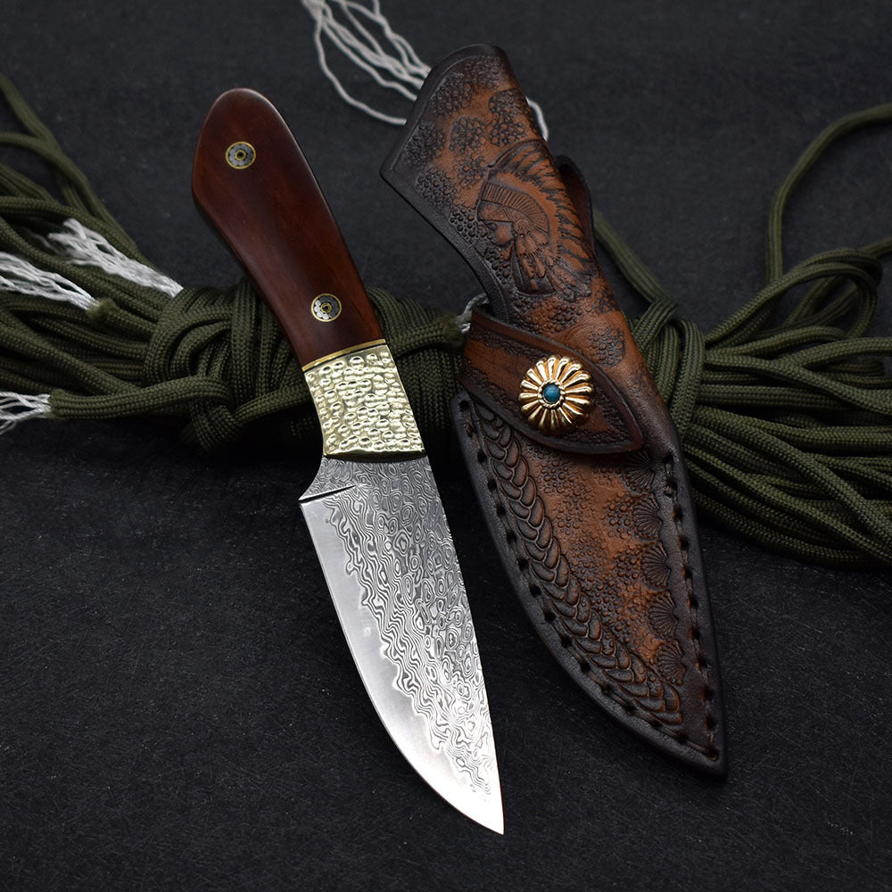 Small Damascus Steel Straight Camping Hunting Knife High Hardness by Arizona Desert Gear