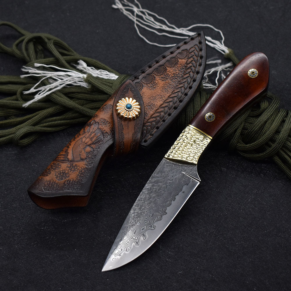 Small Damascus Steel Straight Camping Hunting Knife High Hardness by Arizona Desert Gear