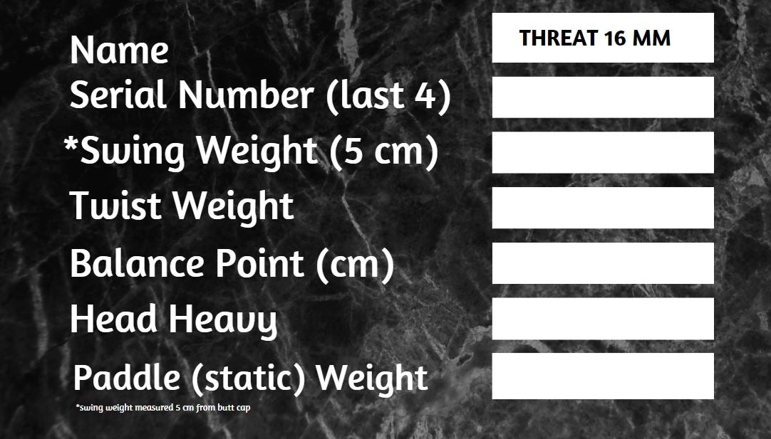 THREAT 16 SINGLES Includes custom weight card, paddle cover, paddle eraser, and lead weights. by Thrive Pickleball